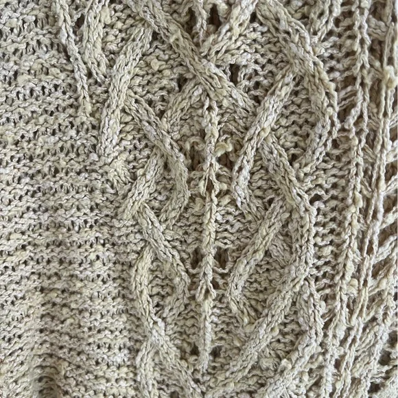FREE PEOPLE Cross My Heart Yellow Loose Cable Knit Sweater Sz S Boho grunge fray - Picture 7 of 9